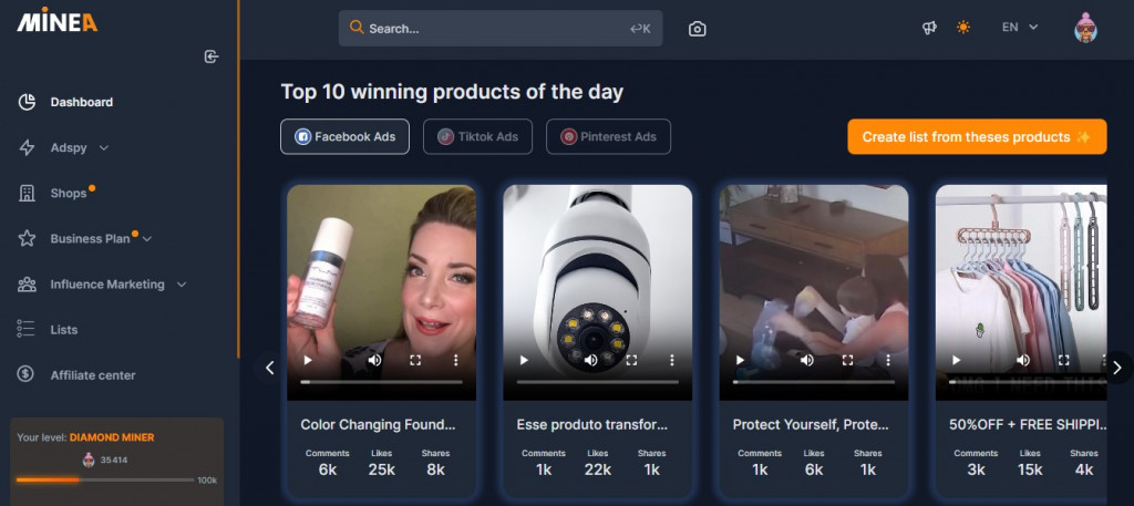 minea find winning products